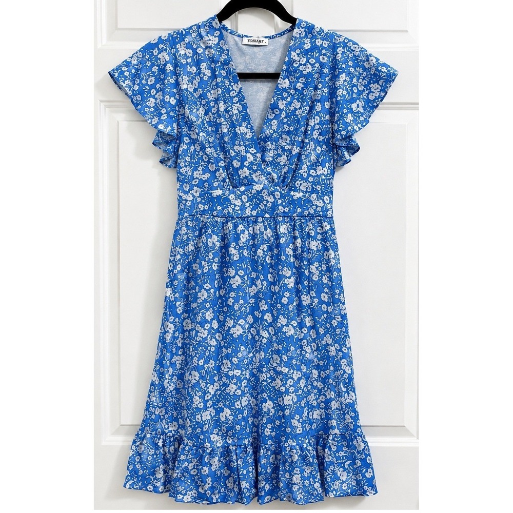 Torary Blue White Floral Wrap V-Neck Ruffle Hem Flutter Sleeve Mini Dress Small